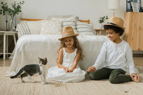 children playing with a kitten