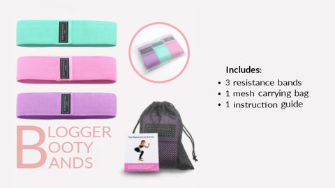 blogger booty bands packaging - pink purple mint green bands with carry bag and instructions