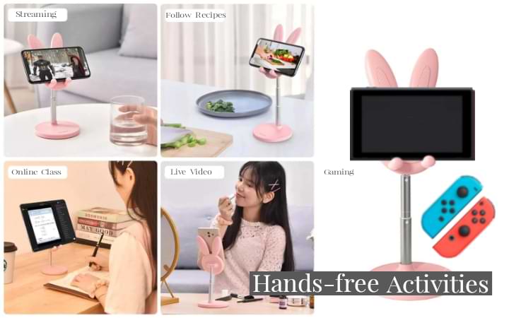 Pink Boston Bunny Phone Stand showing hands-free activities including streaming shows, cooking with recipe videos, studying online, and live demos and blogging. Larger image shows Boston Bunny Phone Stand holding the screen of a popular gaming device and detachable controls