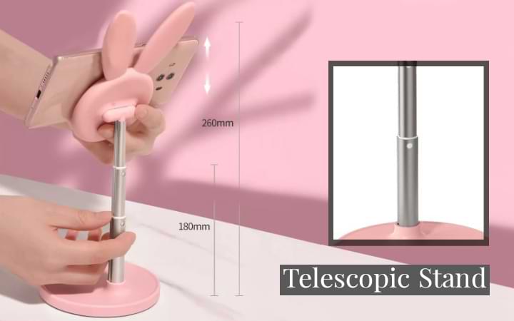 Telescopic stand featured in image with pink Boston Bunny Phone Stand showing height at 18cm and 26cm