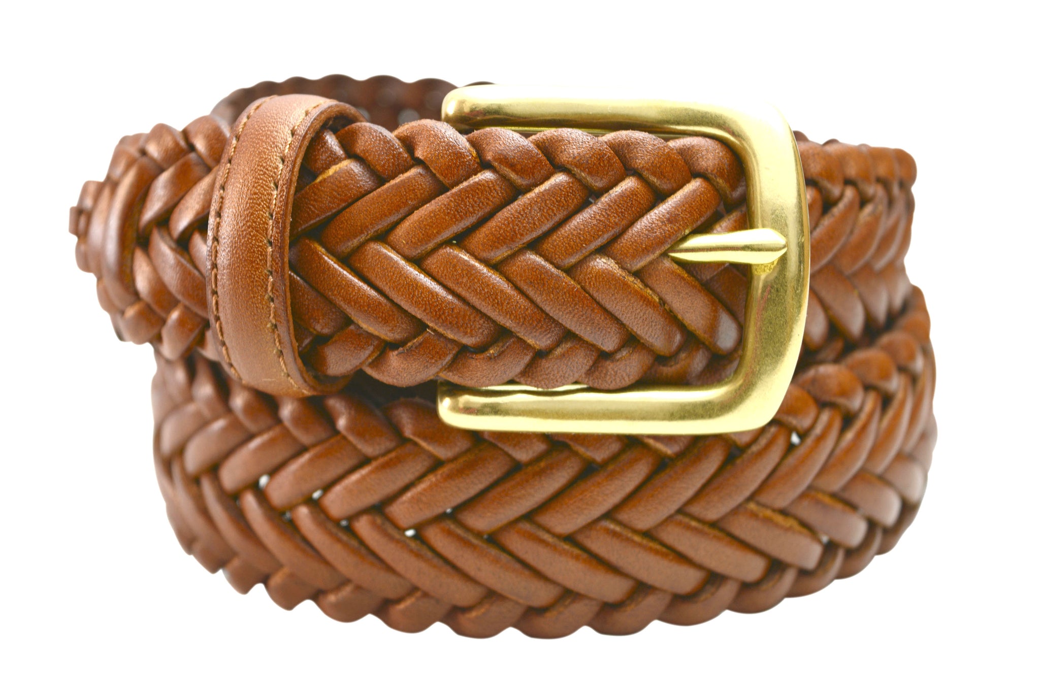 mens brown leather woven belt