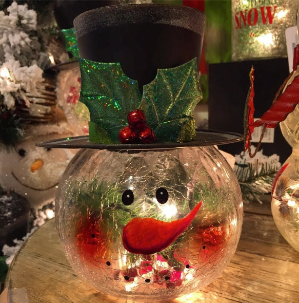 8 Electric Lighted Crackle Glass Snowman Lighted Christmas Decor