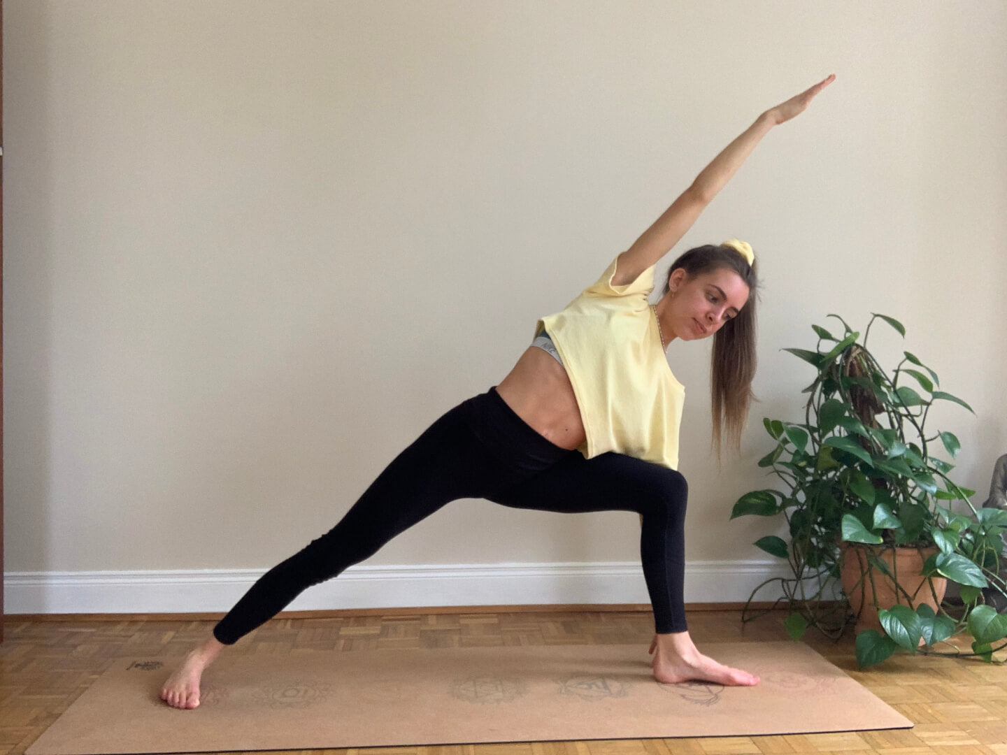 Amy Nevins demonstrating extended side angle pose