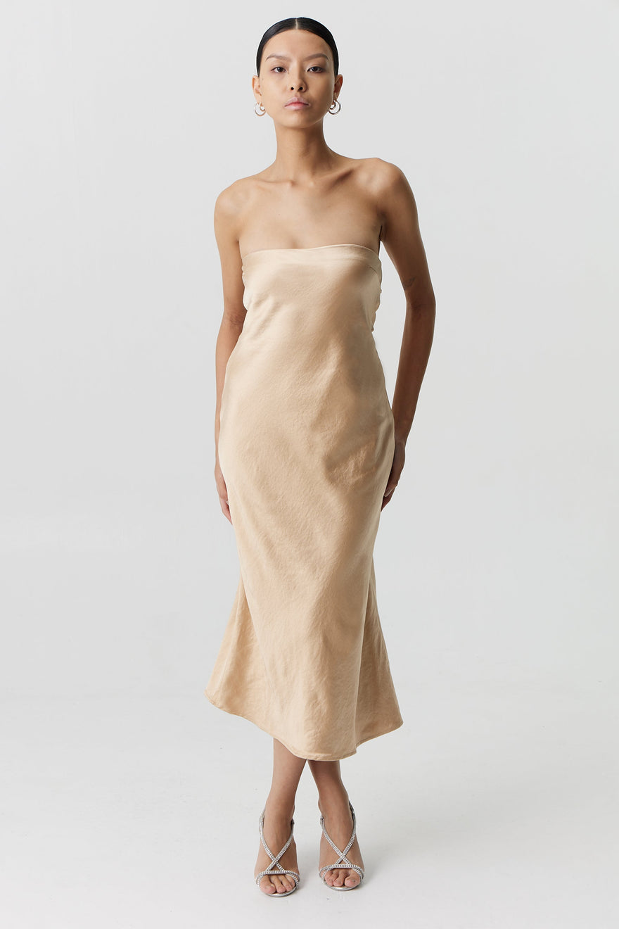 Third Form - Satin Tie Back Strapless Midi Dress - Sand | All The Dresses