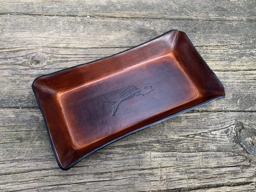 Fossil Fish Leather Desk Organizer Tray Timber Brown Twin