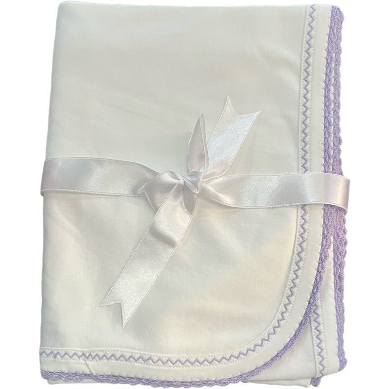 White Pima Blanket with Lilac Crochet Trim