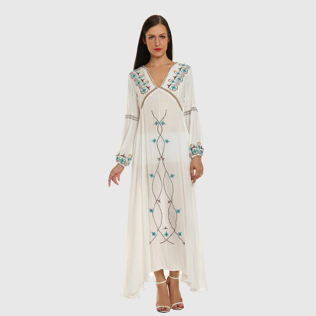 De Manches Robe Plage Tunique Blanche Femme Brodée Longue