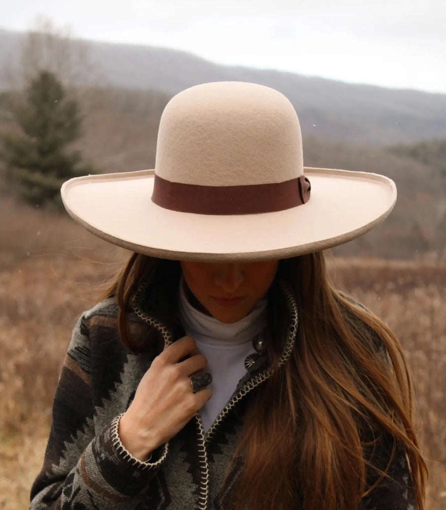 image of girl wearing the Josey Pencil Rim Open Crown Cowboy Hat by American Hat Makers