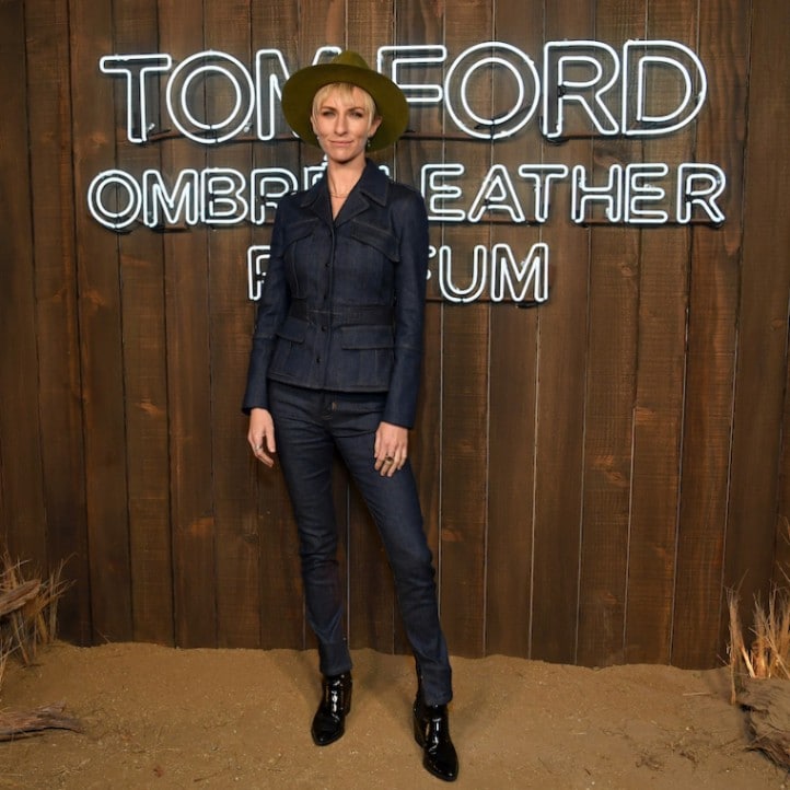 Mickey Sumner in a women’s wide brim front pinch cowboy hat at the Tom Ford Beauty Ombré Leather Parfum launch party in West Hollywood, California.