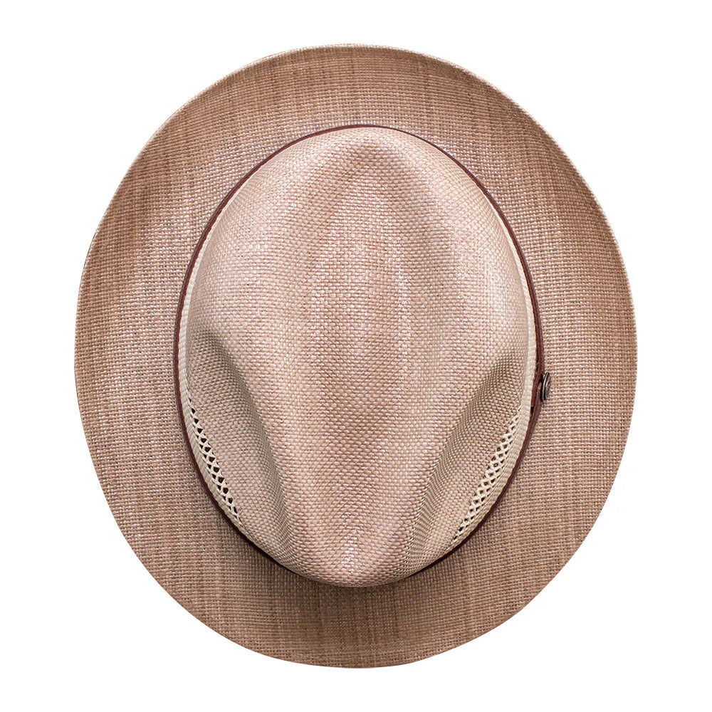 image looking down over a tan Tuscany | Straw Fedora Trilby Hat by American Hat Makers with an all white background