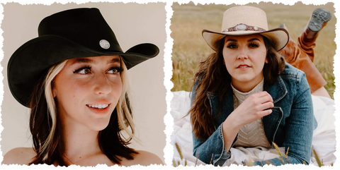 A women’s black leather cowboy hat and straw women’s cowboy hat