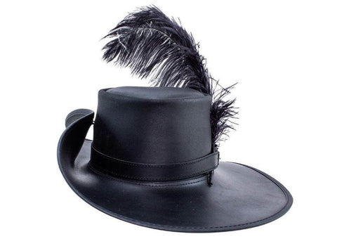 Our black leather Cavalier Musketeer hat with floppy feather plume tucked under the hatband