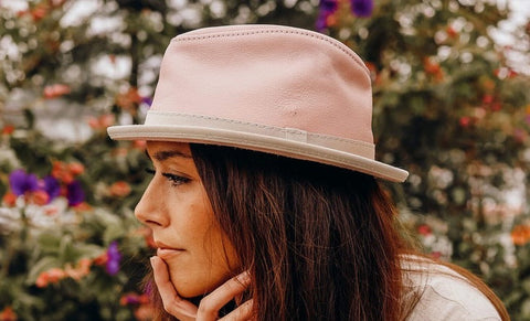 Trendy women’s pink leather trilby hat