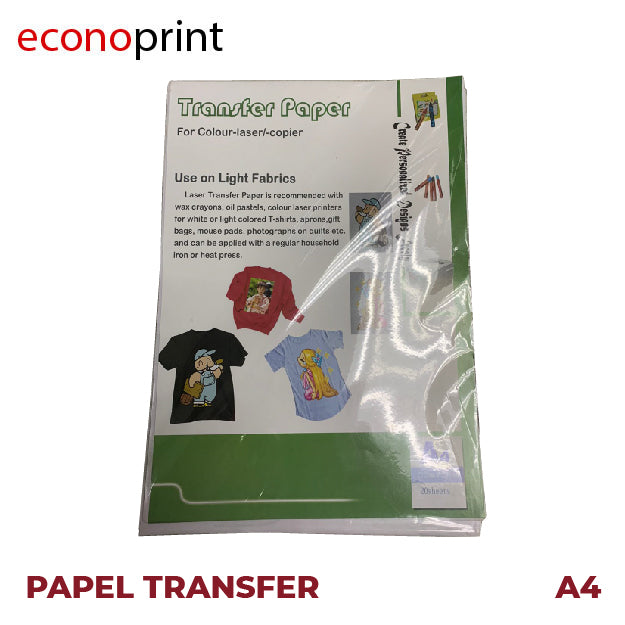 HOJA DE PAPEL TRANSFER CLARO PLANCHA VERDE LASER TEXTIL A4 – Econoprint