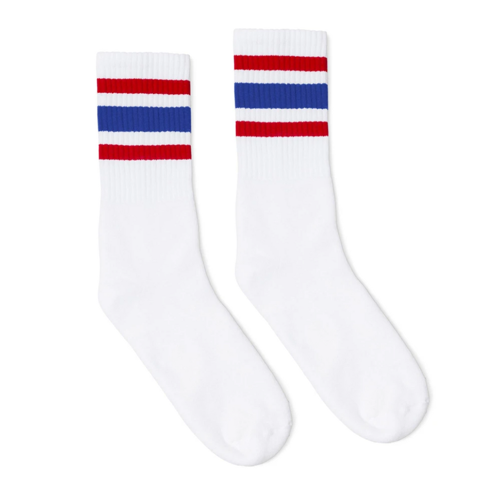 SOCCO Crew Length Socks - WHITE W/ RED AND ROYAL BLUE STRIPES – Pigeon ...