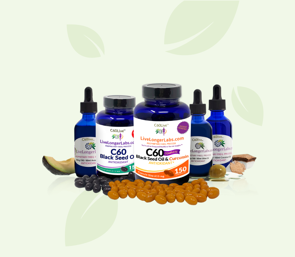 Images of C60 products from left to right: C60 Avocado oil, C60 Black Seed Oil, C60 Complete Black Seed Oil and Curcumin, C60 Olive Oil, and C60 Coconut Oil.