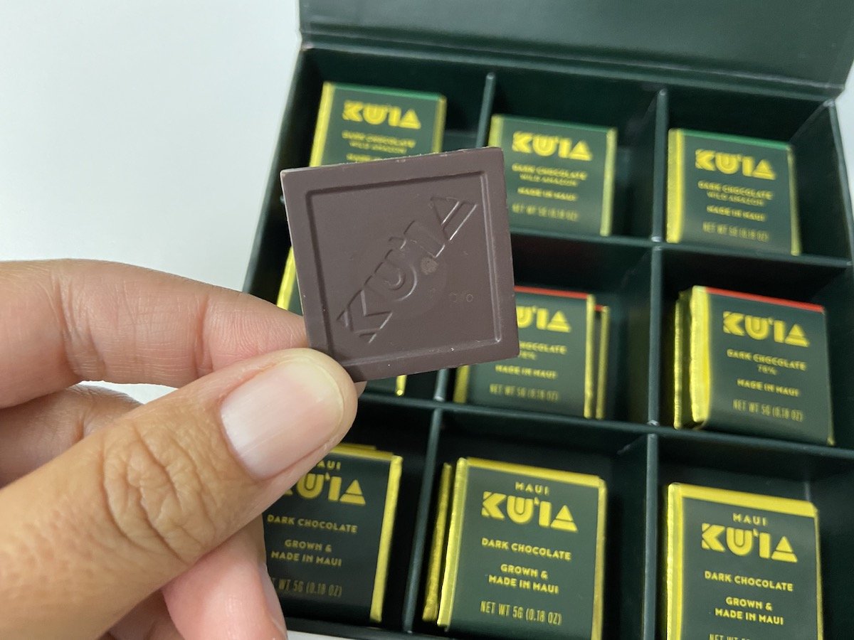 Unwrapped tablet of Maui Kuia Estate Chocolate