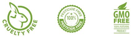 cruelty free, pesticide free and GMO free logos