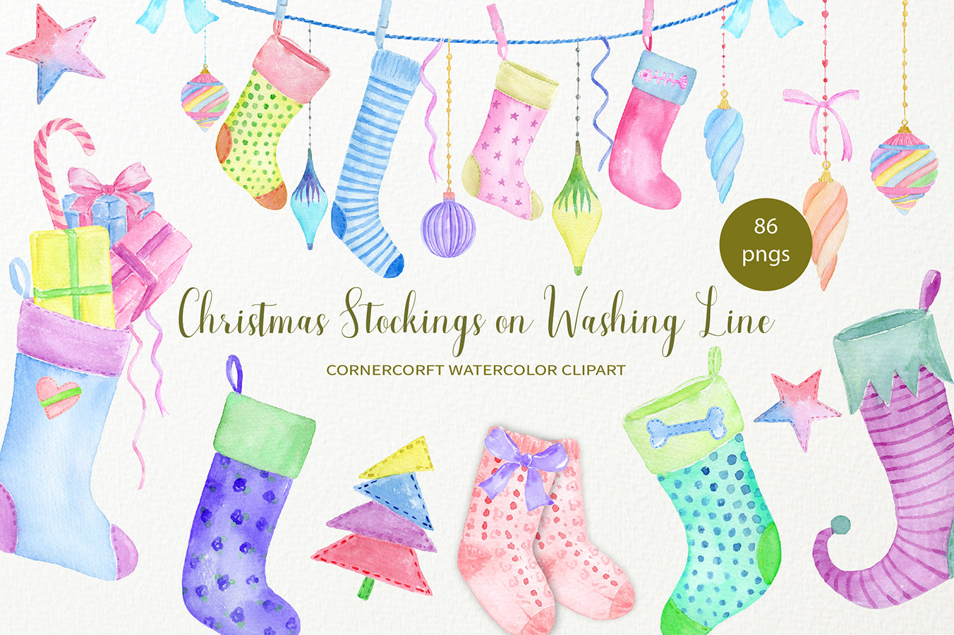 Watercolor Clipart Christmas Stockings on Washing Line – Corner Croft