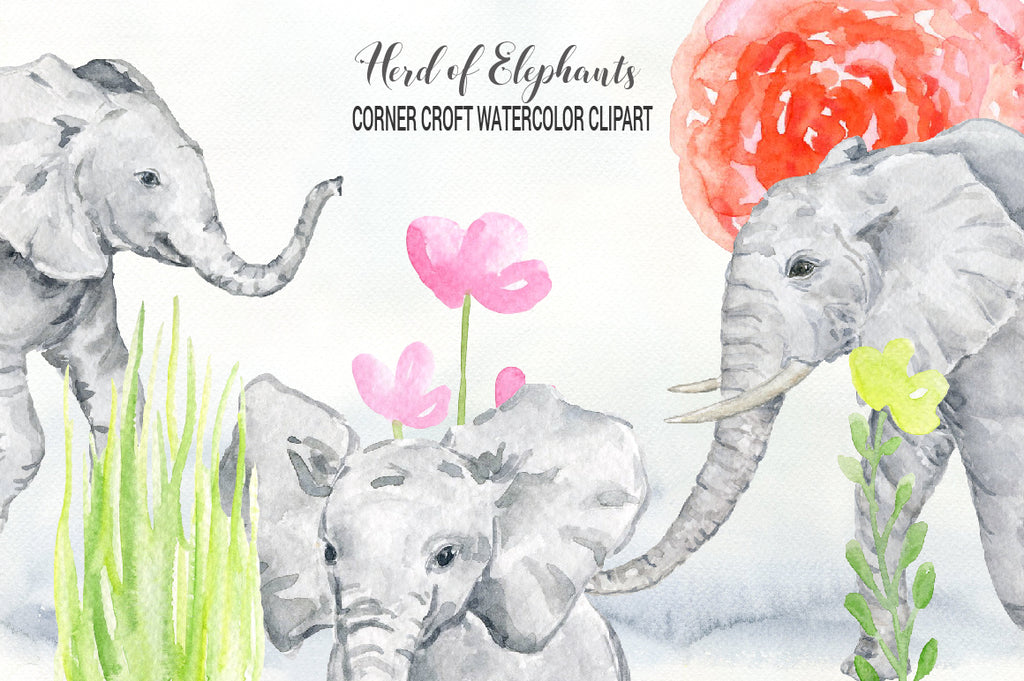 Download Watercolor herd of elephants, elephant clipart for instant download - Corner Croft