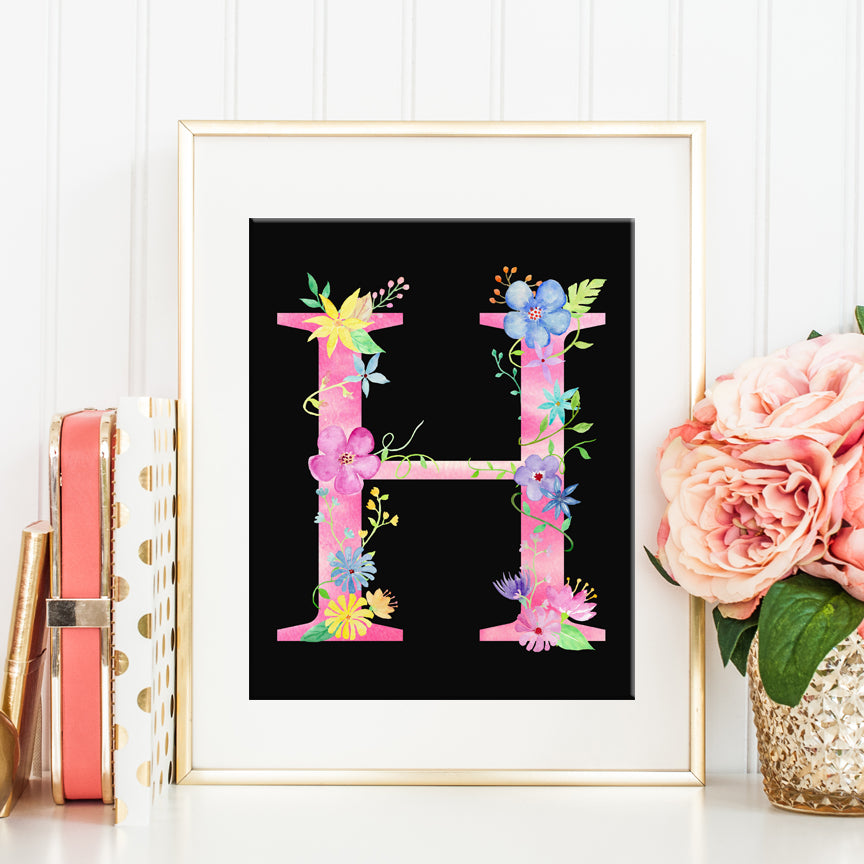 Watercolor Pink Floral Letter H Alphabet H Initial H Art Print Digit Corner Croft