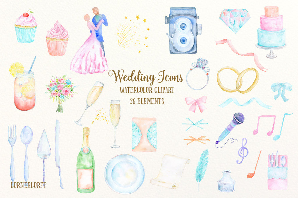 Watercolor Wedding Icons, wedding cakes, cup cakes, invitations ...