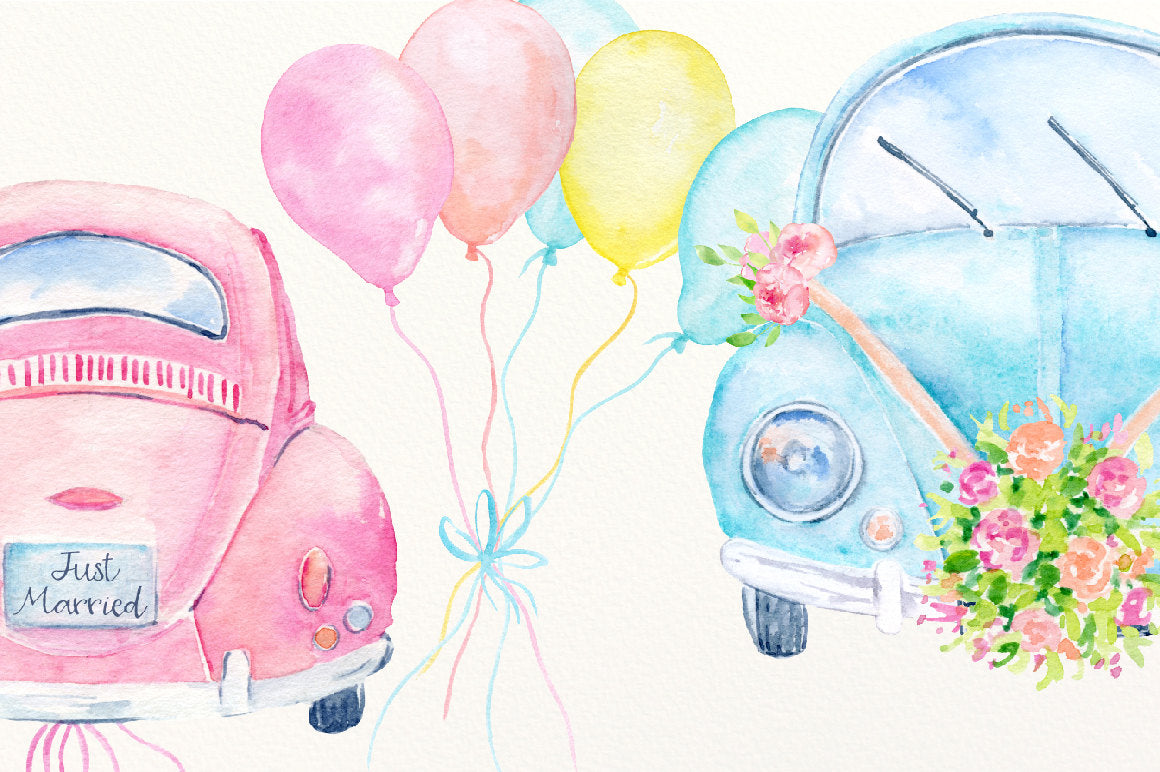 Download Watercolor pink an blue wedding cars, camper van instant ...