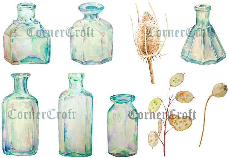 Watercolor clipart vintage bottles and dry flower seeds heads – Corner