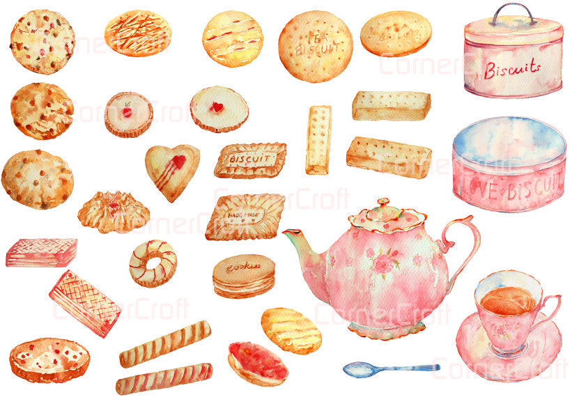 Digital Watercolour Biscuits And Tea Pot Set Instant Download – Corner Croft