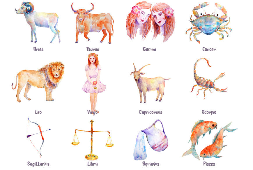 Watercolor astrological signs, Zodiac signs, animals and figures