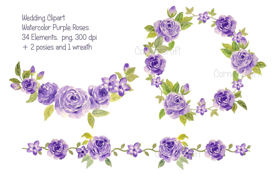 Watercolor Purple Roses Collection Printable Instant Download Corner