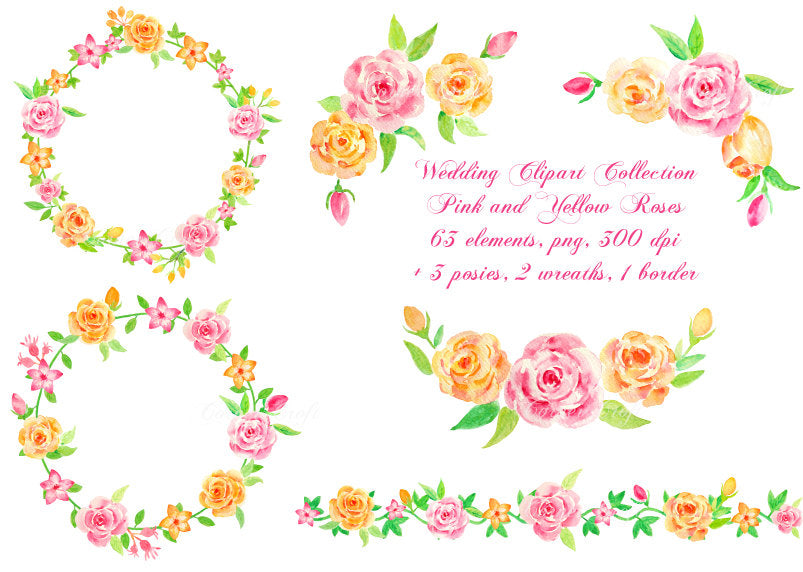 Watercolor Pink and Yellow Roses collection printable ...