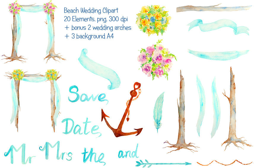 Hand Painted Watercolour Beach Wedding Arch Clipart Digital