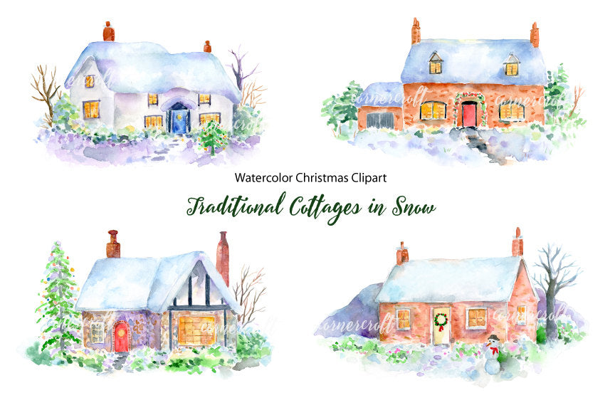 Watercolour Traditional Cottages In Snow Christmas Cottages