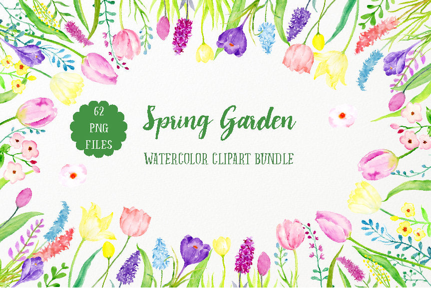 Watercolor Spring Garden Bundle Spring Pink Tulip Yellow