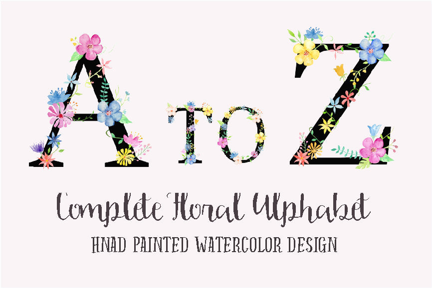 Watercolor Floral Alphabets Black, Floral Letters, Floral Letter