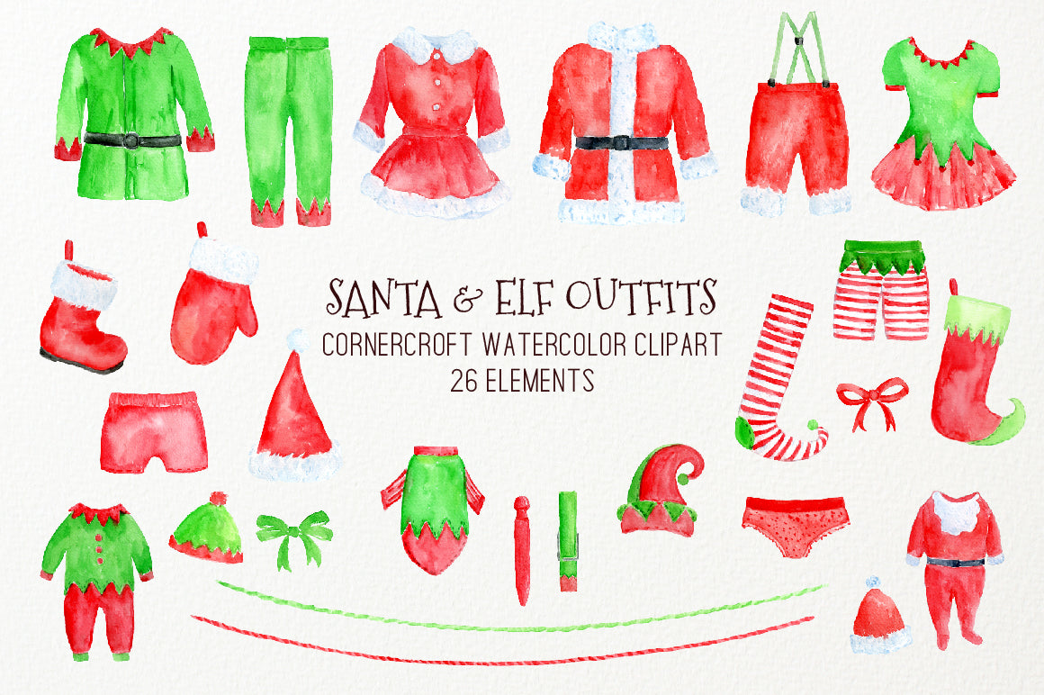 Watercolor Clipart Christmas Santa Outfit, Elf Outfit on Washing Line –  Corner Croft