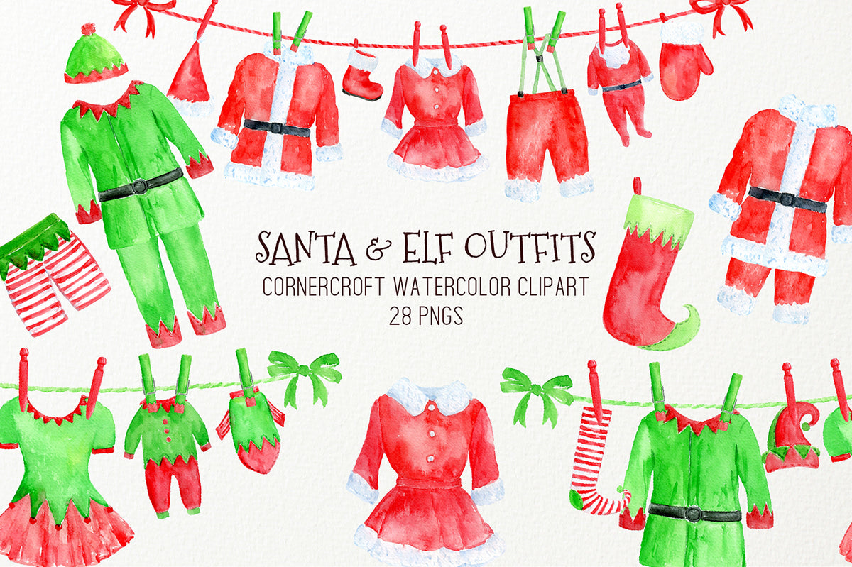 Watercolor Clipart Christmas Santa Outfit, Elf Outfit on Washing Line