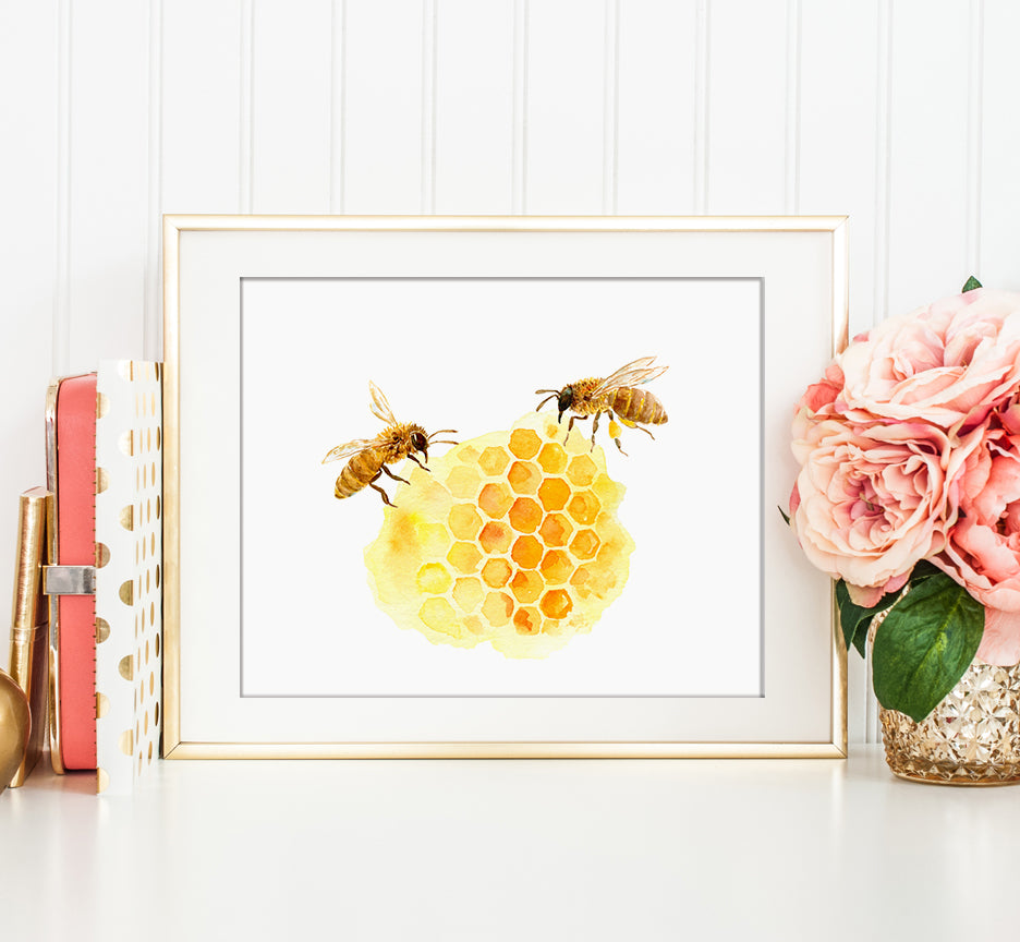 Download Watercolor bee keeping, honey bees and honeycomb print ...