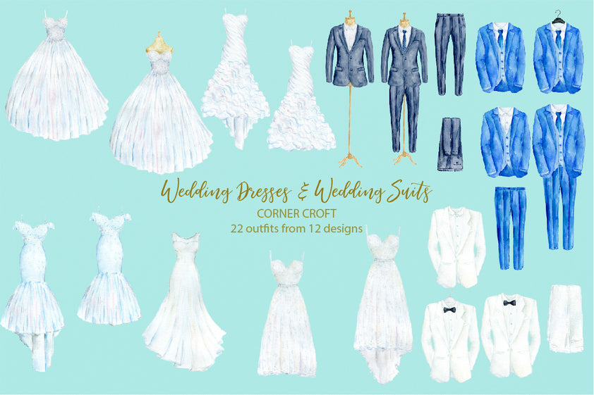 Watercolor wedding dress, wedding suit, hanger, mannequin, cloth hook ...