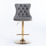 Modern Upholstered Swivel Velvet Barstools, Tufted, Grey with gold base
