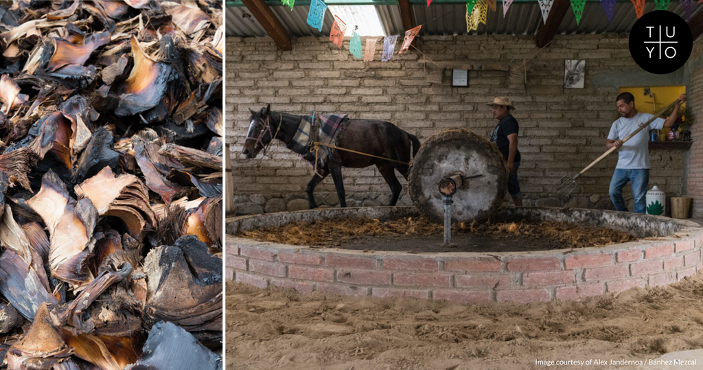 A horse drawn tahona in the process of crushing roasted agave at one of the Banhez Mezcal collective palenques in Ejutla, Oaxaca.