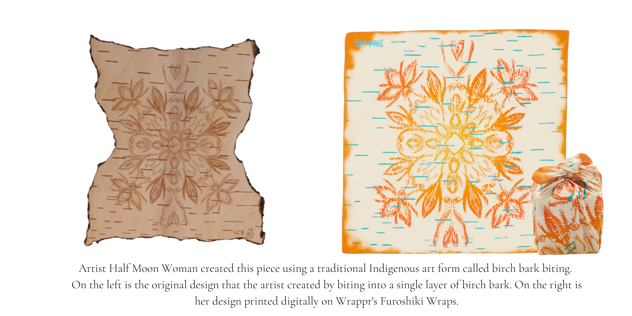 image explaining the birch bark biting art method and how it was digitized to be on Wrappr's furoshiki wraps