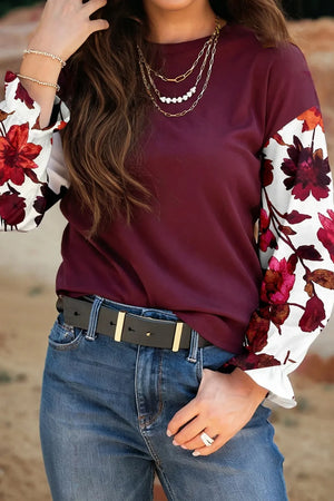 Wild Ginger Contrast Floral Sleeve Solid Ribbed Body Patchwork Long Sleeve Top - Ella and Roo