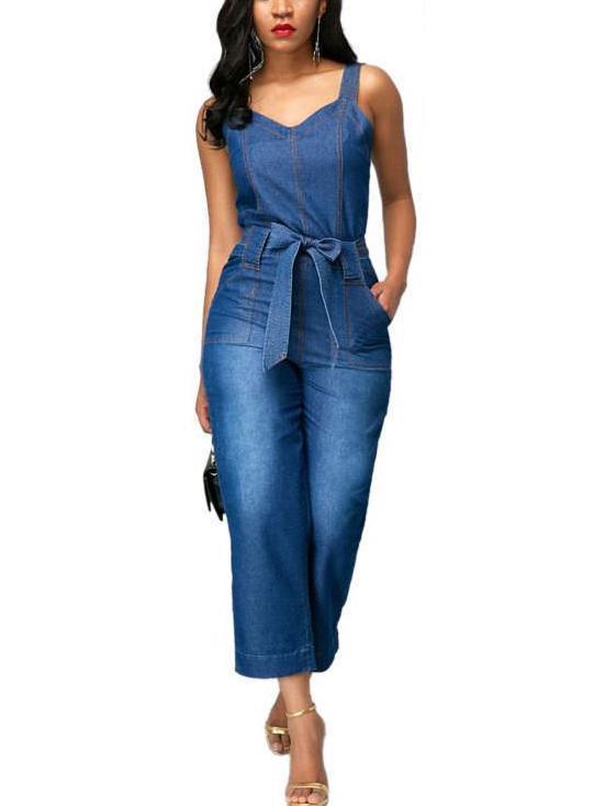 Belted Open Back Denim Jumpsuit Thebossladystore