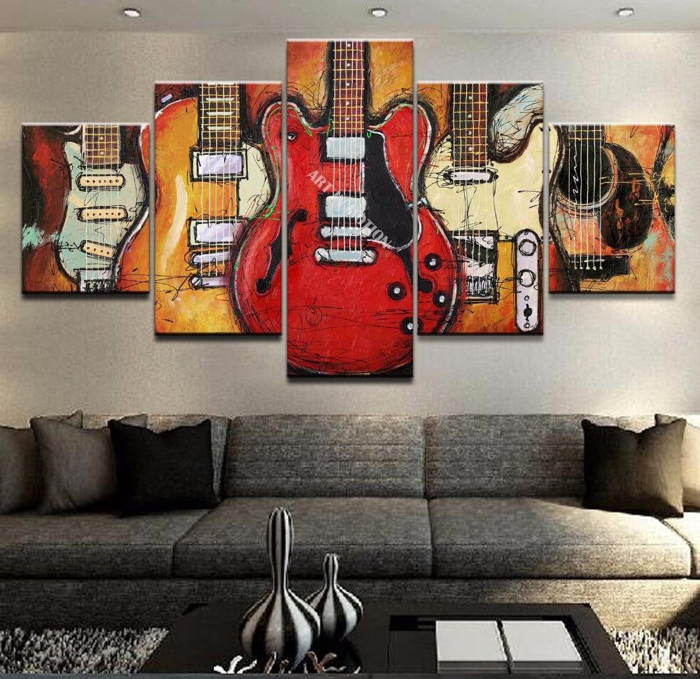 5 Piece Abstract Painting, Guitar Painting, Large Paintings for Living Room, Modern Abstract Painting, Musical Instrument Painting