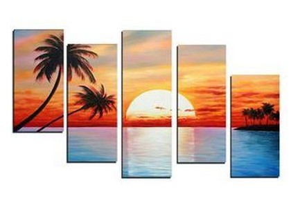 5 Piece Canvas Painting, Beach Palm Tree Sunset Painting, Landscape Canvas Painting, Acrylic Painting for Living Room