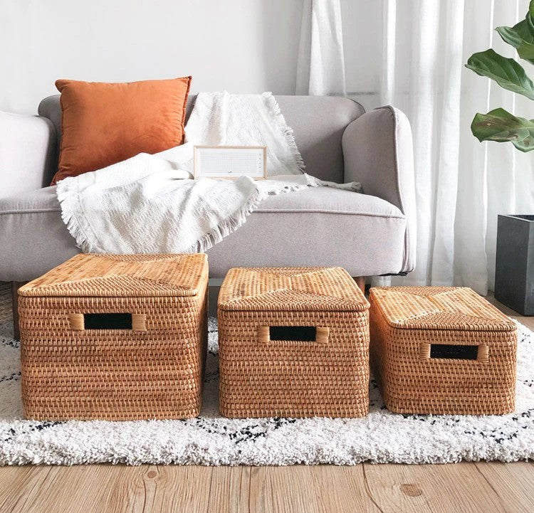Wicker Rattan Storage Basket for Shelves, Storage Baskets for Bedroom, Rectangular Storage Basket with Lid, Pantry Storage Baskets