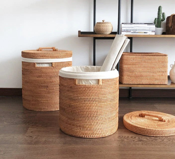 Large Laundry Storage Basket with Lid, Large Rattan Storage Basket for Bathroom, Woven Round Storage Basket for Clothes