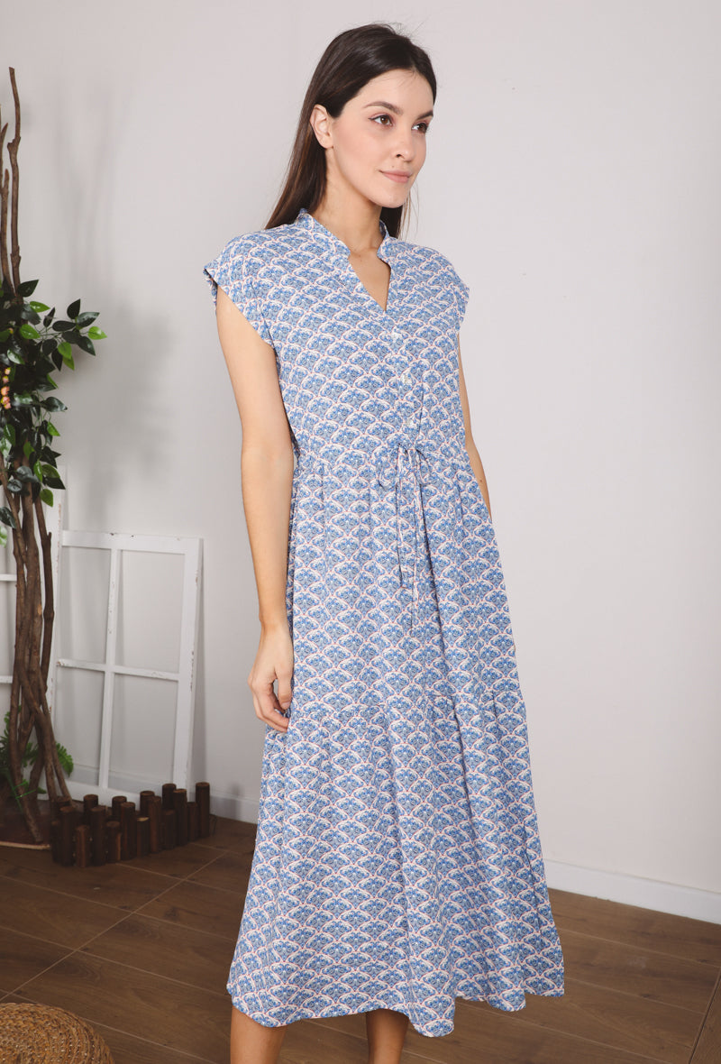 Emily Blue Flowy Midi Print Dress – Lainey Style